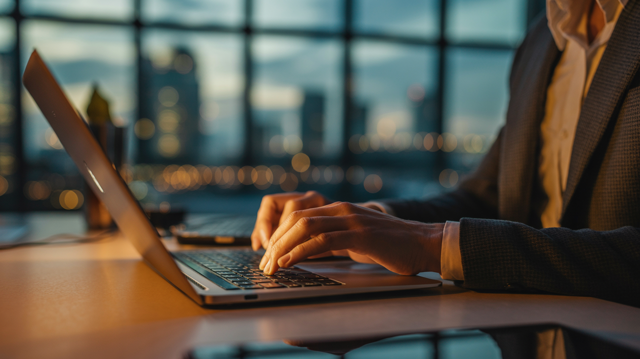 Hands typing on a laptop in a modern office, soft bokeh city lights through floor-to-ceiling windows, warm amber tones