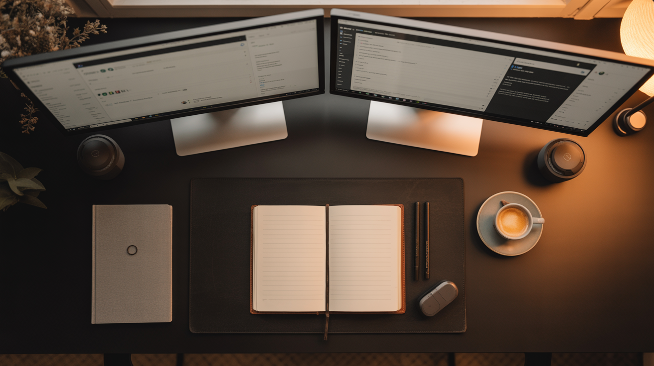 Overhead view of a minimalist standing desk workspace — dual monitors, leather journal, coffee, wireless earbuds in warm light
