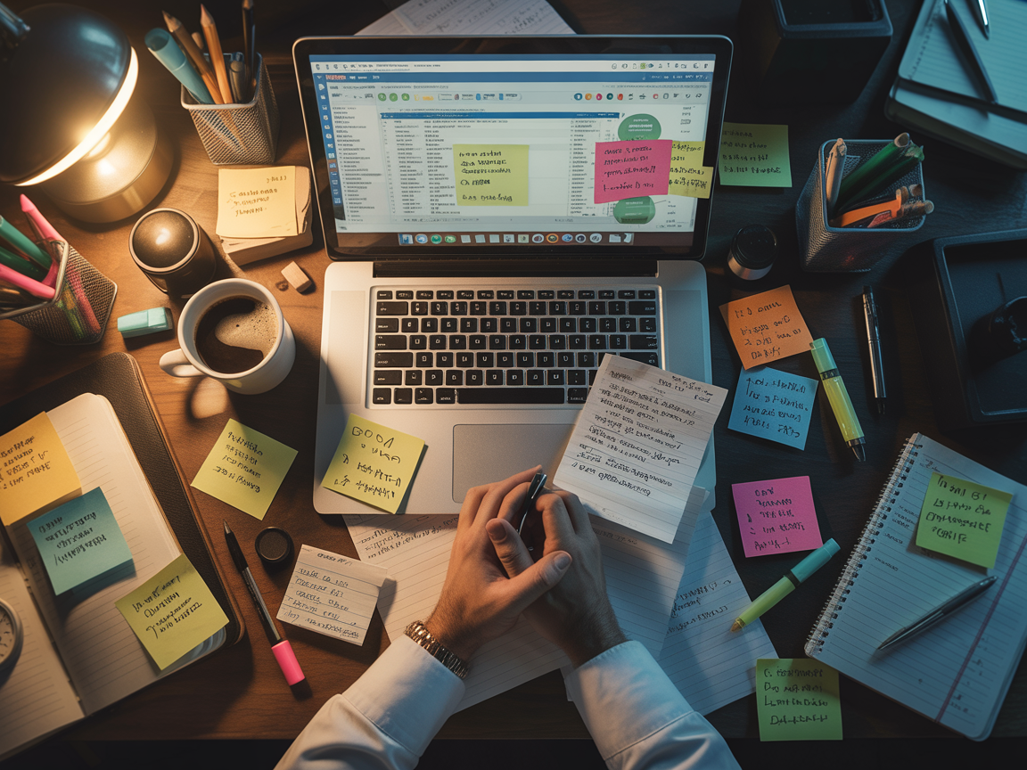 A chaotic desk at midnight — scattered spreadsheets, sticky notes, crumpled to-do lists, cold coffee, dim lamp