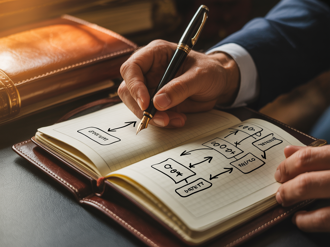 A hand writing systems-thinking diagrams in a leather journal with a fountain pen, warm amber light