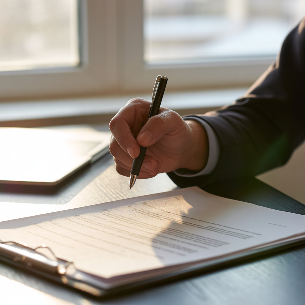 Hand pausing with pen over a document in morning light — the gesture of decision-making
