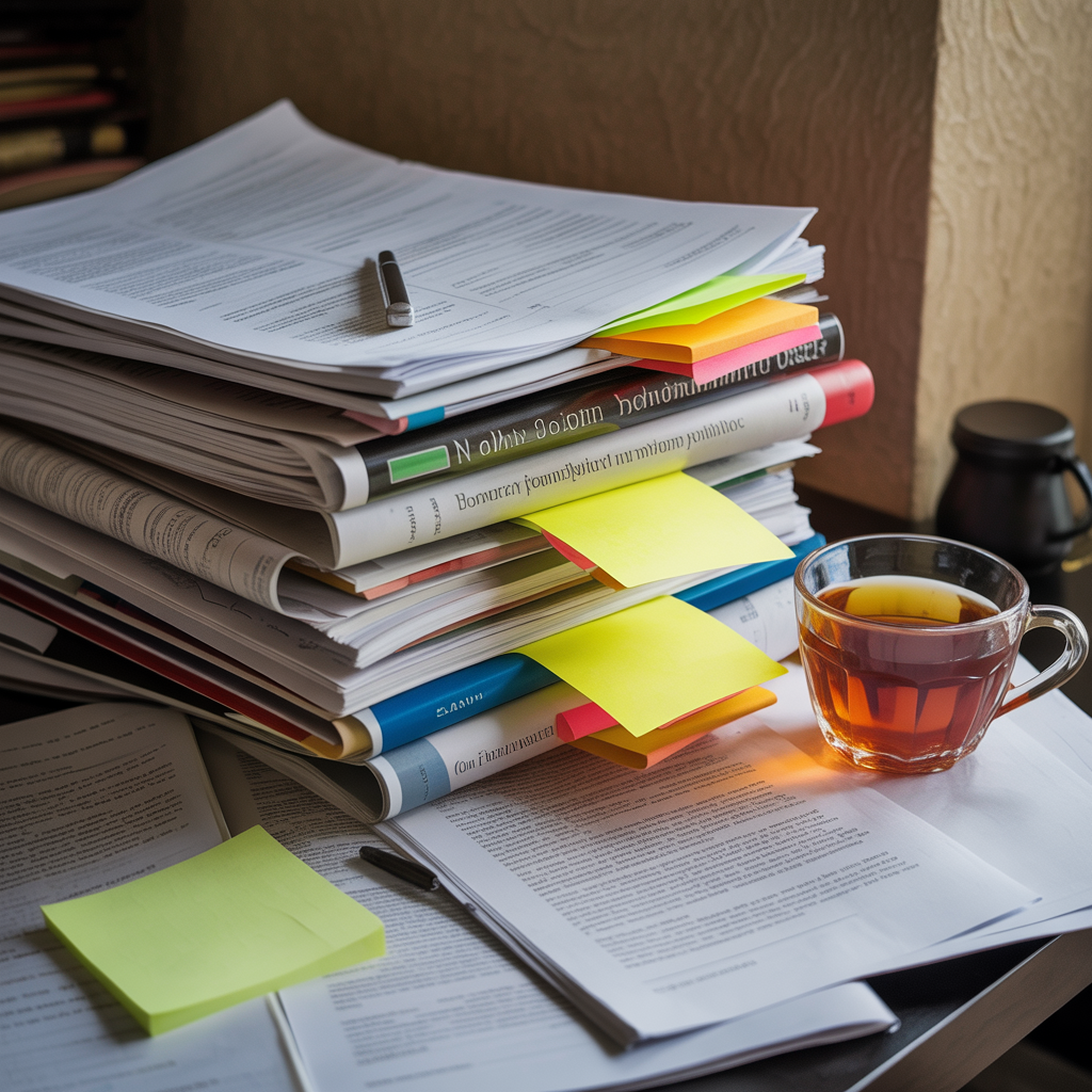 Stack of academic papers with highlighter marks and sticky notes beside a cold cup of tea